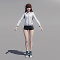 Child In White Hoodie And Black Shorts Standing With Blue Sneakers On Gray Background