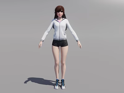 Child In White Hoodie And Black Shorts Standing With Blue Sneakers On Gray Background 3d model