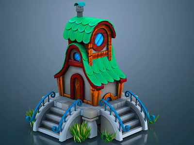 Cartoon House with Green Wavy Roof Round Windows Brown Door White Steps and Blue Railings 3d model