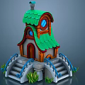 Cartoon House with Green Wavy Roof Round Windows Brown Door White Steps and Blue Railings