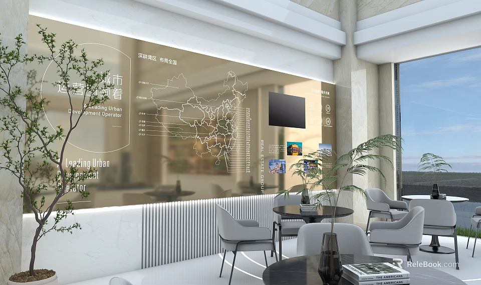 Modern Exhibition Hall With Large Screen Map Plants Tables Chairs And Floor To Ceiling Windows 3d model 