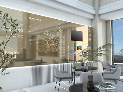 Modern Exhibition Hall With Large Screen Map Plants Tables Chairs And Floor To Ceiling Windows 3d model