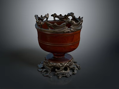 Decorative Red Living Container With Intricate Silver Carved Base And Classic Design 3d model