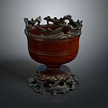 Decorative Red Living Container With Intricate Silver Carved Base And Classic Design