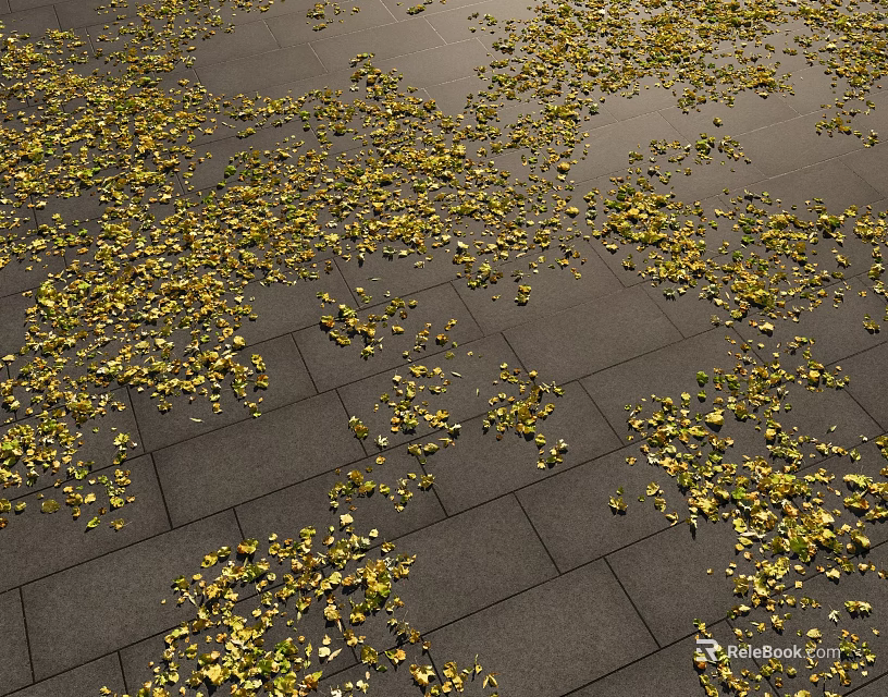 Autumn Landscape With Scattered Yellow Leaves On Gray Stone Tiles 3d model 