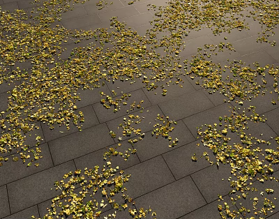 Autumn Landscape With Scattered Yellow Leaves On Gray Stone Tiles 3d model