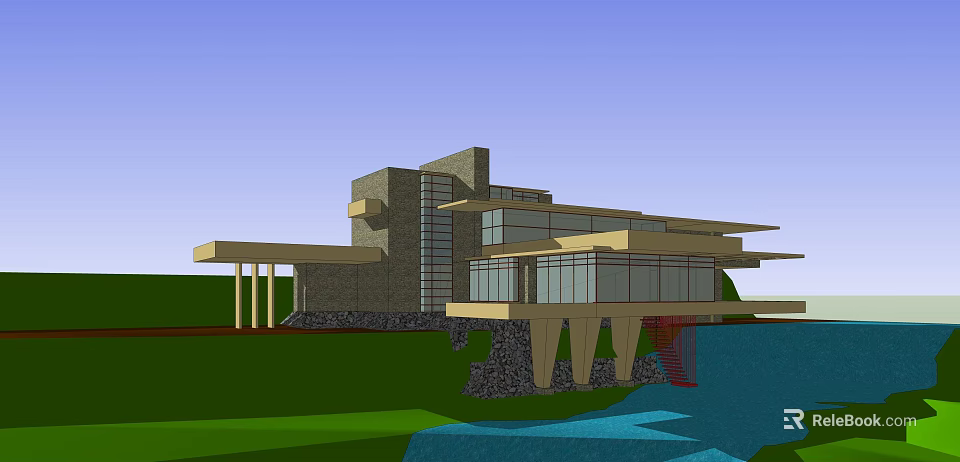 Modern Detached Villa With Large Glass Windows Wooden Structure And Waterfront Green Lawn 3d model 