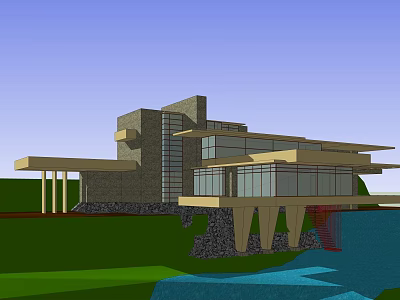 Modern Detached Villa With Large Glass Windows Wooden Structure And Waterfront Green Lawn 3d model