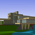 Modern Detached Villa With Large Glass Windows Wooden Structure And Waterfront Green Lawn