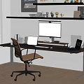 Modern Home Office Desk With Monitor Laptop Ergonomic Chair Shelf Decorations Window Blinds