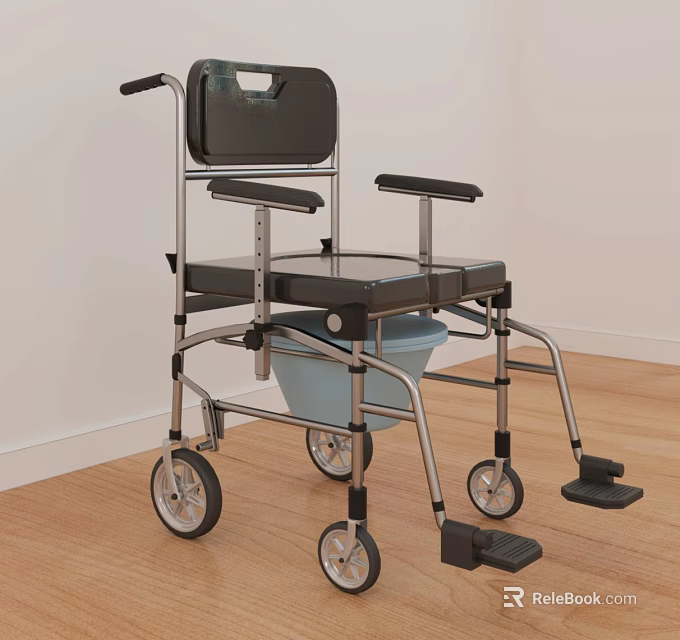 Medical Equipment Mobility Commode Chair with Black Seat Silver Frame Blue Bucket Wheels and Footrests 3d model 