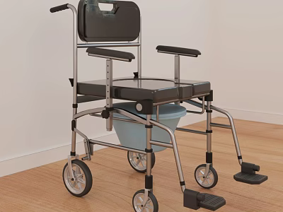 Medical Equipment Mobility Commode Chair with Black Seat Silver Frame Blue Bucket Wheels and Footrests 3d model