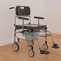 Medical Equipment Mobility Commode Chair with Black Seat Silver Frame Blue Bucket Wheels and Footrests
