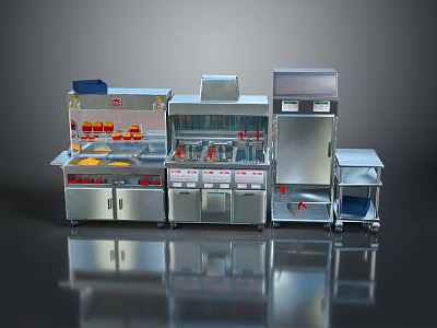 Commercial Kitchen Equipment Set Featuring Stainless Steel Workstations Storage Cabinets And Refrigeration Unit 3d model