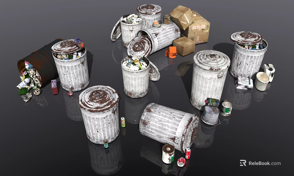 Everyday Household Items Including Rusty Trash Cans Tipped Over With Garbage Cardboard Boxes And Cans 3d model 