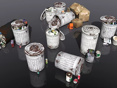 Everyday Household Items Including Rusty Trash Cans Tipped Over With Garbage Cardboard Boxes And Cans 3d model