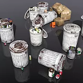 Everyday Household Items Including Rusty Trash Cans Tipped Over With Garbage Cardboard Boxes And Cans