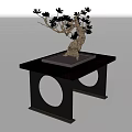 Black Wooden Console Table With Circular Cutouts And Bonsai Tree Decoration 3d model