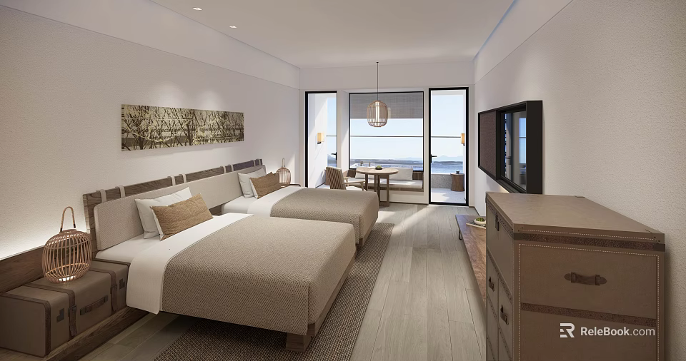 Modern Hotel Guest Room Featuring Twin Beds Large Windows Sea View And TV 3d model 