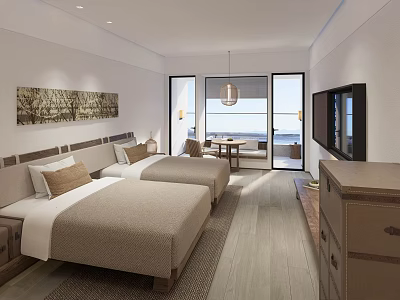 Modern Hotel Guest Room Featuring Twin Beds Large Windows Sea View And TV 3d model