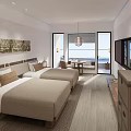 Modern Hotel Guest Room Featuring Twin Beds Large Windows Sea View And TV