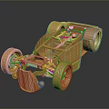 Golden Vintage Race Car Model With Frame Structure And Reflective Dark Background