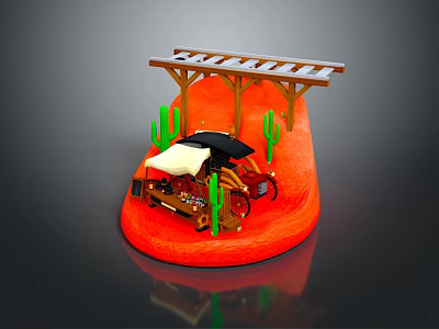 Cartoon Scene With Cute Snack Cart Green Cactus And Wooden Shelter On Red Sandy Ground 3d model