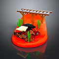 Cartoon Scene With Cute Snack Cart Green Cactus And Wooden Shelter On Red Sandy Ground