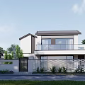 Modern Detached Villa Exterior With Glass Balcony White Facade And Lush Greenery