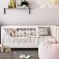 Cozy Kids Room Interior Design With White Crib Bookshelf Toys And Pink Bean Bag