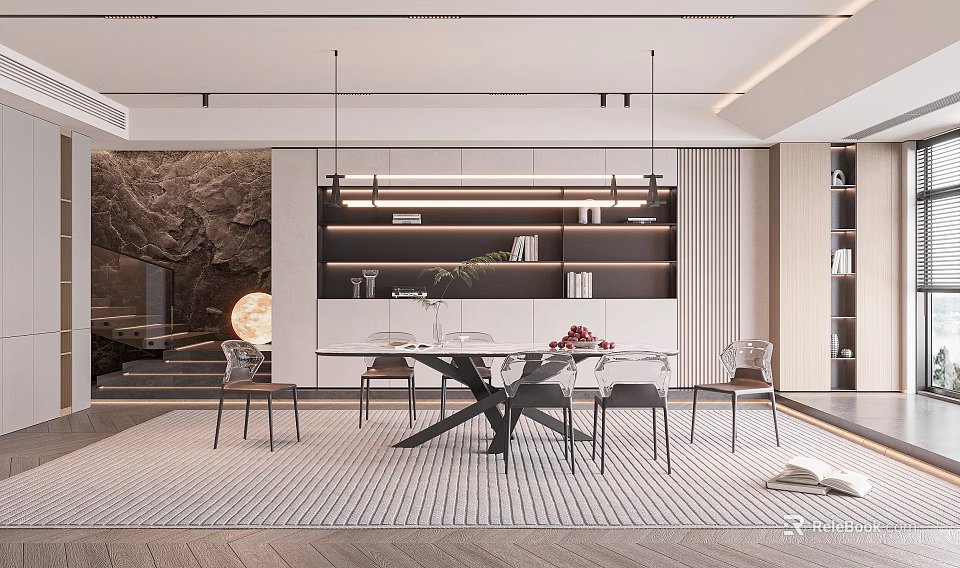 Modern Restaurant Interior With Dining Table Chairs Hanging Lights Striped Rug And Wall Decor 3d model 