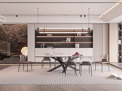 Modern Restaurant Interior With Dining Table Chairs Hanging Lights Striped Rug And Wall Decor 3d model