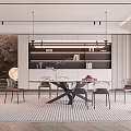 Modern Restaurant Interior With Dining Table Chairs Hanging Lights Striped Rug And Wall Decor