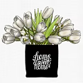 White Tulips Arranged in Two Vases with Home Sweet Home Design on Black Background