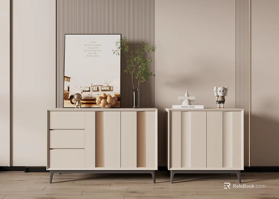 Modern Beige Entryway Cabinet And Side Cabinet With Drawers Doors Striped Wall Decorative Plants 3d model 