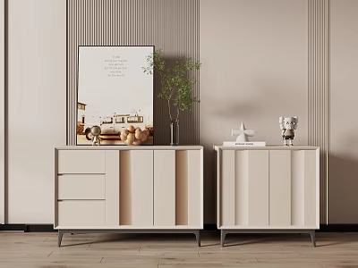 Modern Beige Entryway Cabinet And Side Cabinet With Drawers Doors Striped Wall Decorative Plants 3d model