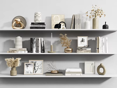 Decorative Ornament Combinations on White Shelves with Books Dried Flowers Photo Frames Candles and Vases 3d model