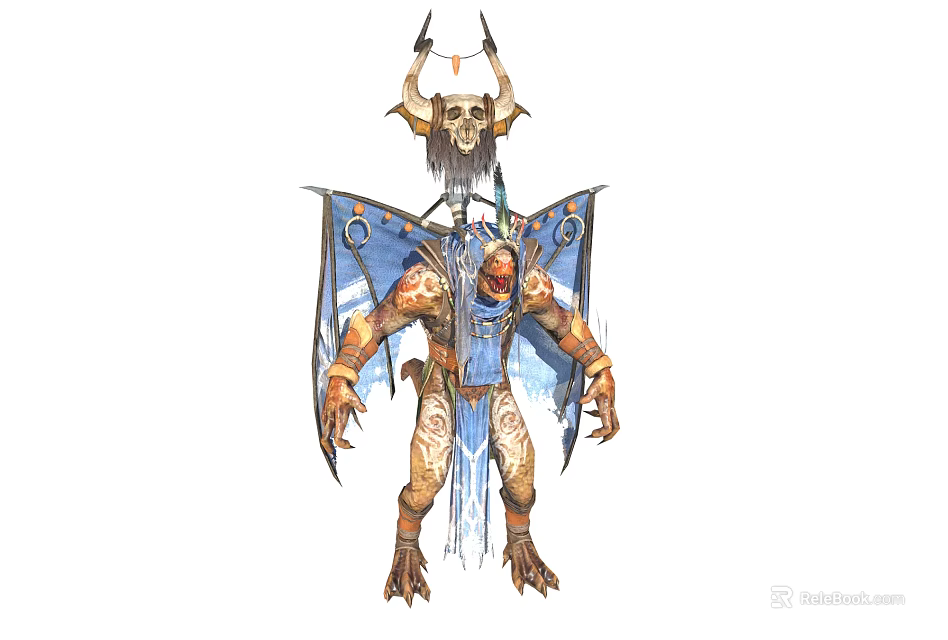 Mythical Tribal Creature Character With Skull Headdress Blue Wings And Tattooed Body 3d model 