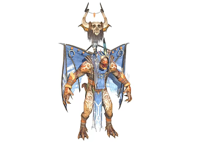 Mythical Tribal Creature Character With Skull Headdress Blue Wings And Tattooed Body 3d model