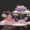 Stylish Check-in Photo Spot With Pink Purple Clouds Stars Lanterns Flowers And Bench