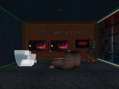 Modern Gaming Internet Cafe Featuring Multiple Computer Screens Gaming Seating And ROG AMG Logos 3d model