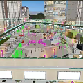 Vibrant Commercial Plaza Open Space With Central Fountain Pedestrians Shops And Lighting