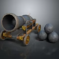 Vintage Old Style Cannon With Wooden Wheels And Three Cannonballs