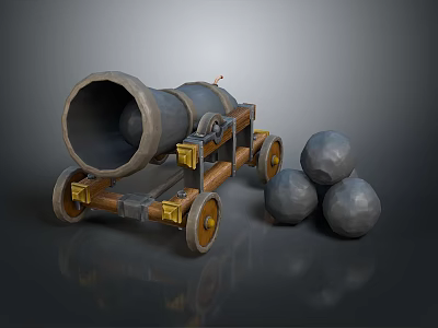 Vintage Old Style Cannon With Wooden Wheels And Three Cannonballs 3d model