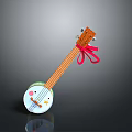 Cute Children's Toy Pipa With Red Ribbon White Round Body Brown Neck And Colorful Patterns