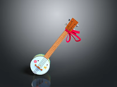 Cute Children's Toy Pipa With Red Ribbon White Round Body Brown Neck And Colorful Patterns 3d model