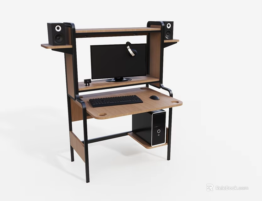 Modern Office Desk with Shelf Monitor Keyboard Mouse Speakers and Computer Tower 3d model 