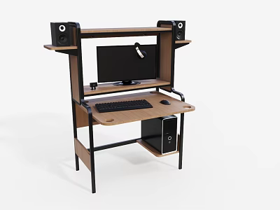 Modern Office Desk with Shelf Monitor Keyboard Mouse Speakers and Computer Tower 3d model