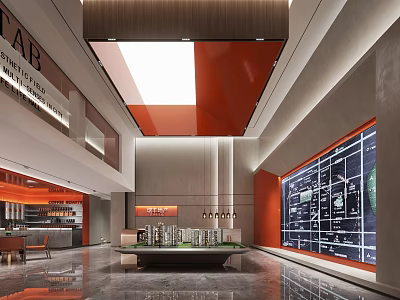 Modern Elegant Sales Office With Sand Table Large Screen Chandeliers Orange Elements And Marble Floor 3d model
