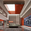 Modern Elegant Sales Office With Sand Table Large Screen Chandeliers Orange Elements And Marble Floor